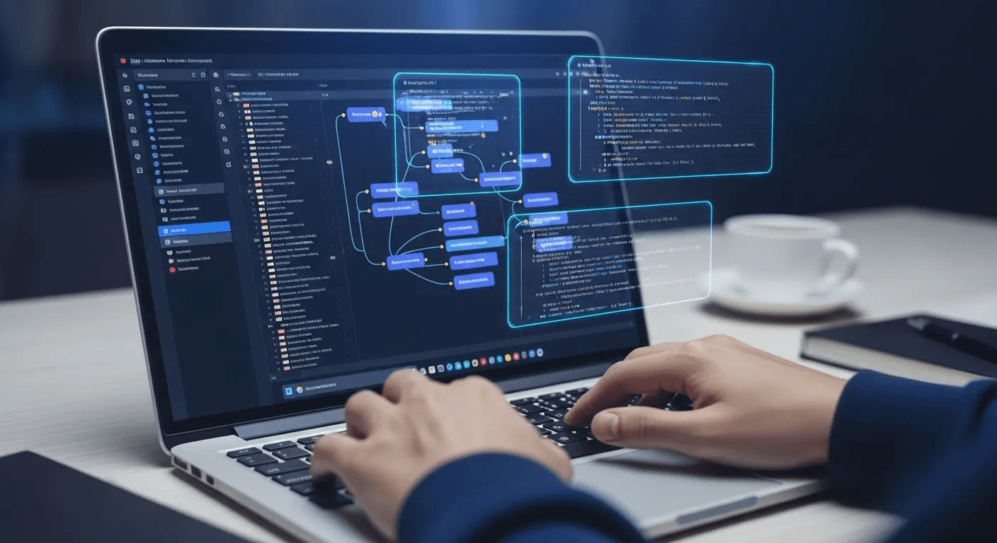 AI Automations - Code editor with flowchart diagrams